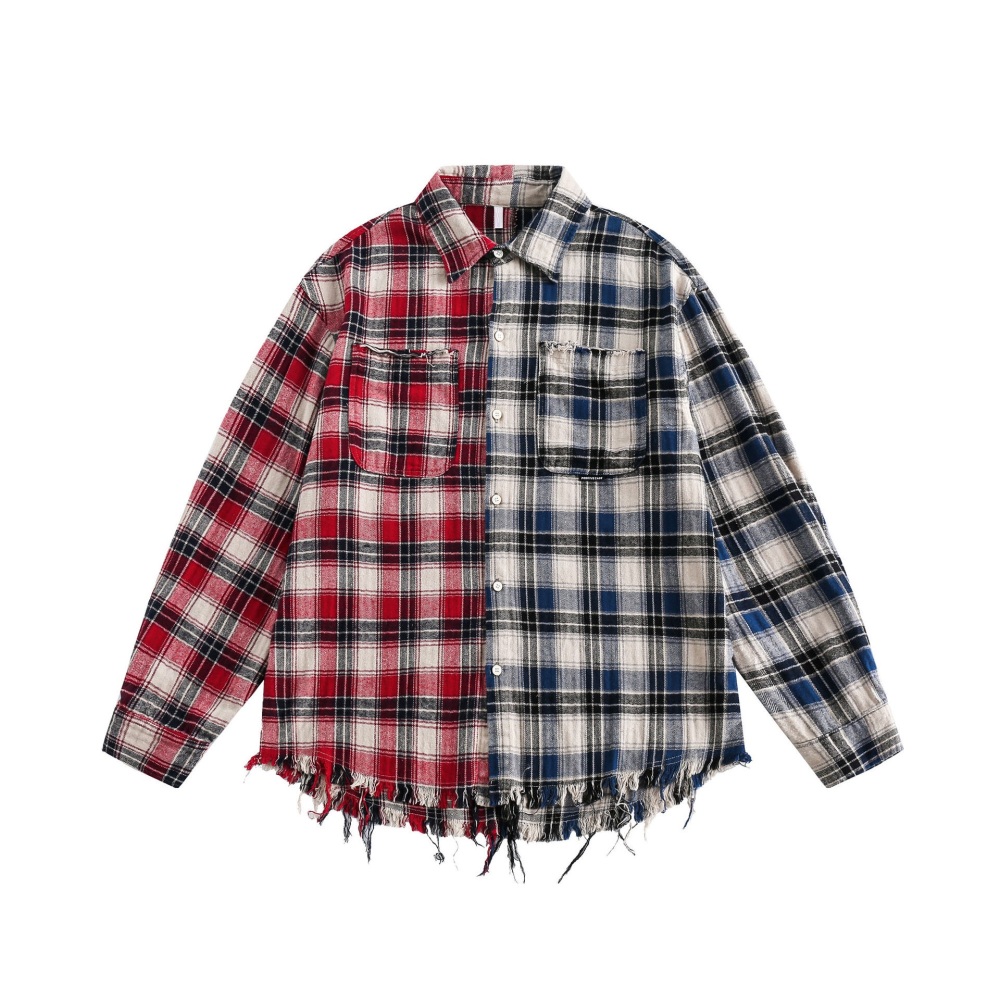 GrogeousBen  Unisex 2024 Spring New Contrast Plaid Printed Long Sleeve Shirt Top Loose Couple Shirt Top for Men