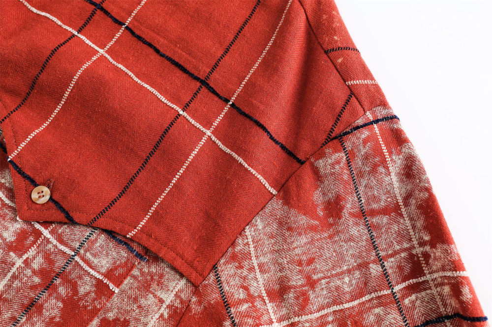 GrogeousBen  Unisex 2024 spring new color-blocked plaid splicing long-sleeved shirt outerwear for men, loose red top.