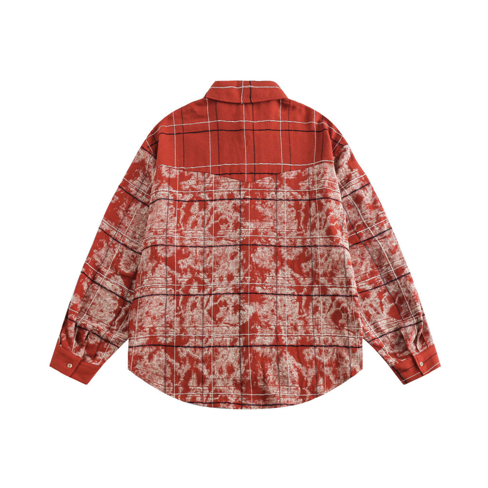 GrogeousBen  Unisex 2024 spring new color-blocked plaid splicing long-sleeved shirt outerwear for men, loose red top.
