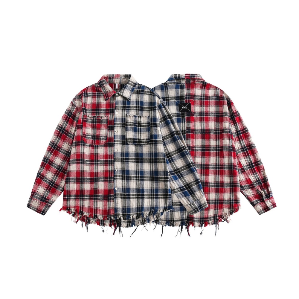 GrogeousBen  Unisex 2024 Spring New Contrast Plaid Printed Long Sleeve Shirt Top Loose Couple Shirt Top for Men