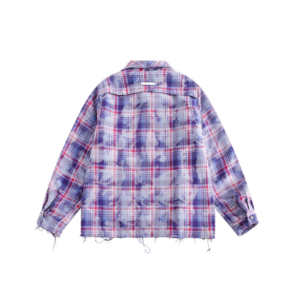 GrogeousBen  Unisex2024 spring new water-washed old multi-pocket contrast plaid jacket coat
