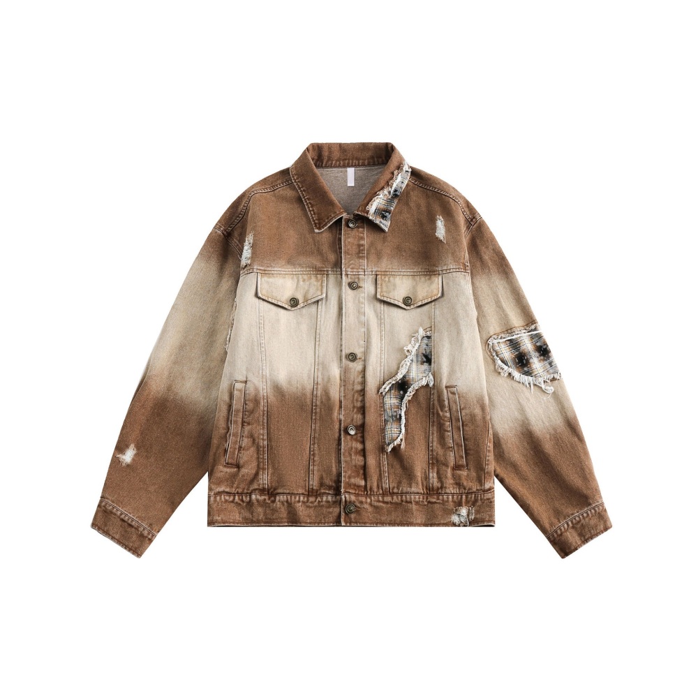 GrogeousBen  Unisex 2024 spring new ripped and worn-out white patchwork denim jacket for men, loose fit couple's patchwork top.