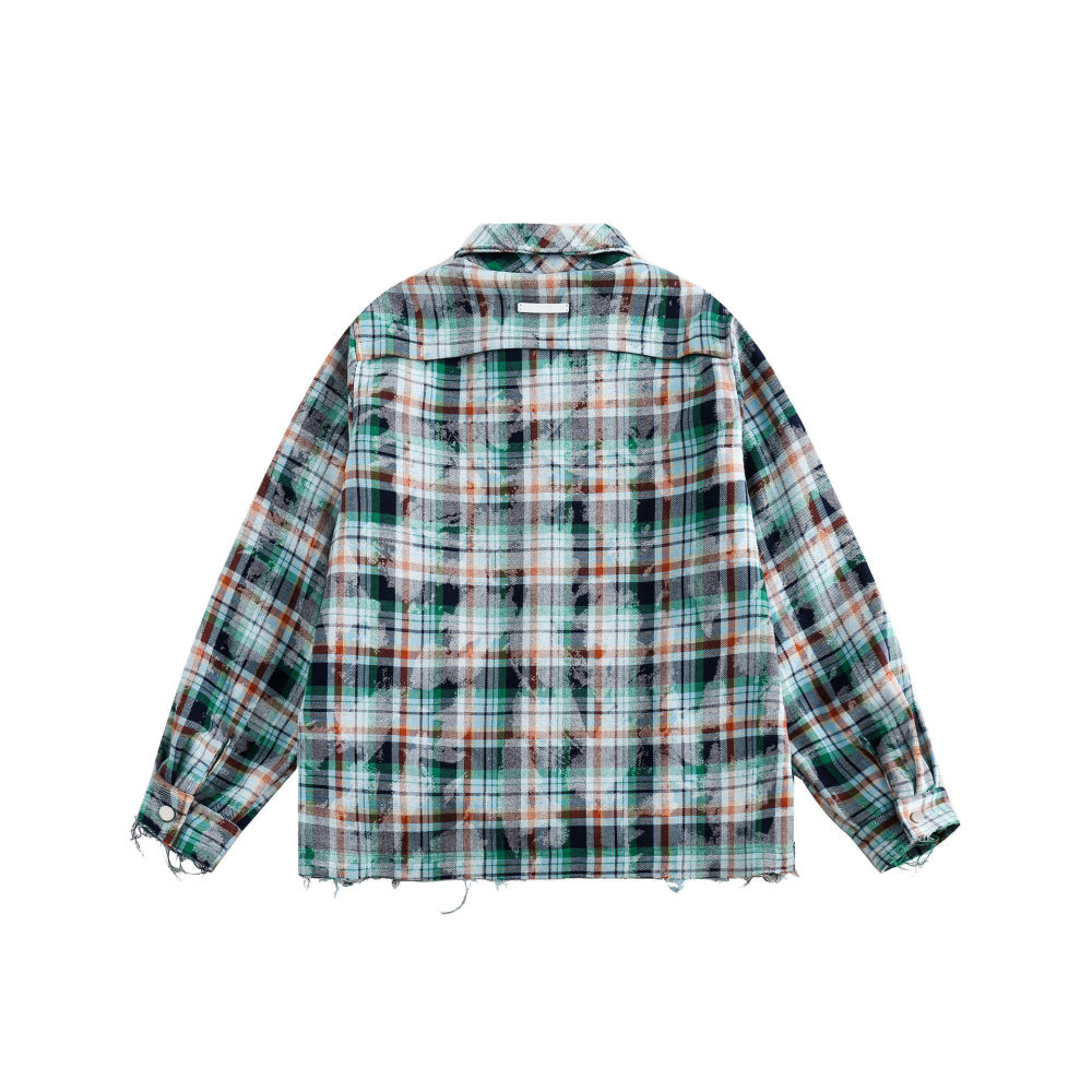 GrogeousBen  Unisex2024 spring new water-washed old multi-pocket contrast plaid jacket coat