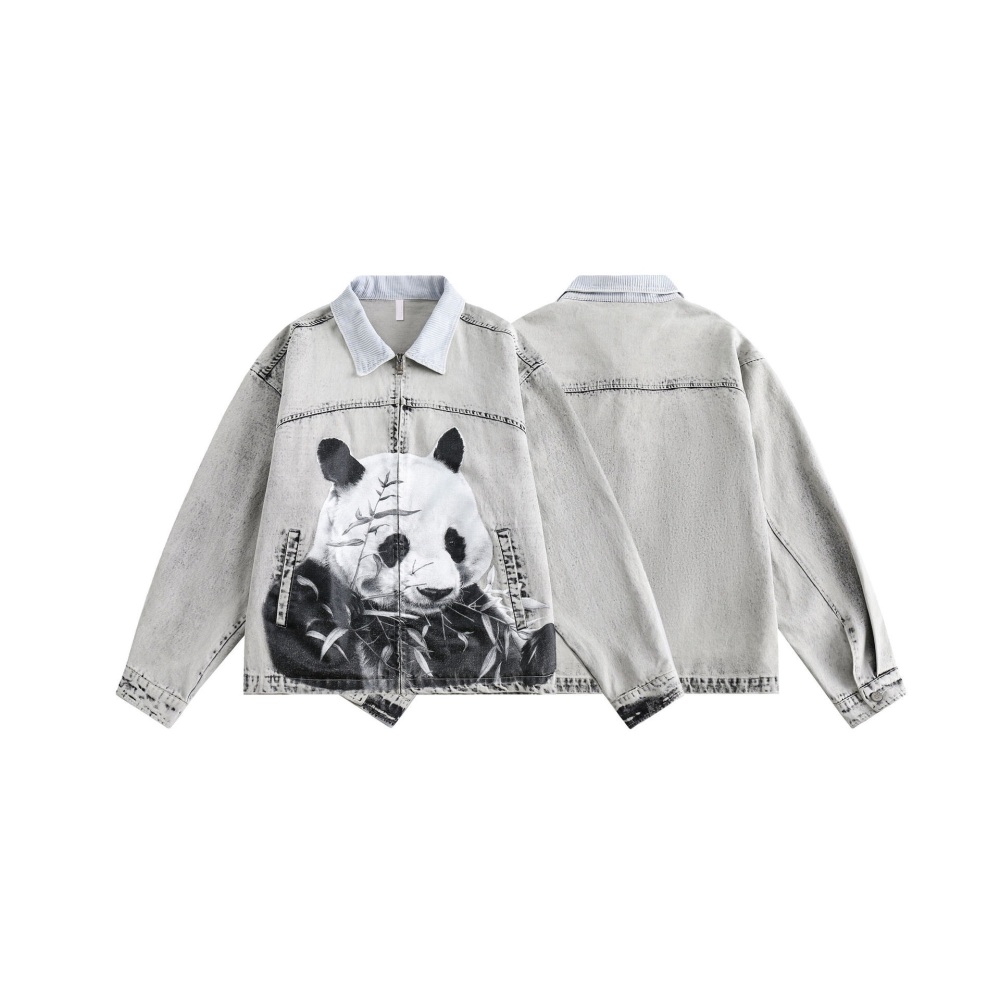 GrogeousBen  Unisex 2024 spring new panda print heterogeneous color block splicing jacket outerwear American loose fit couple's top