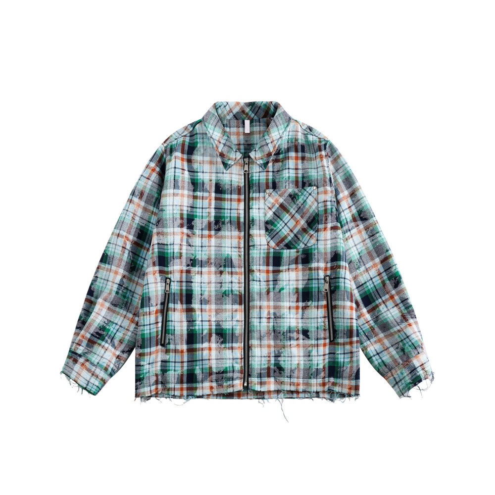 GrogeousBen  Unisex2024 spring new water-washed old multi-pocket contrast plaid jacket coat