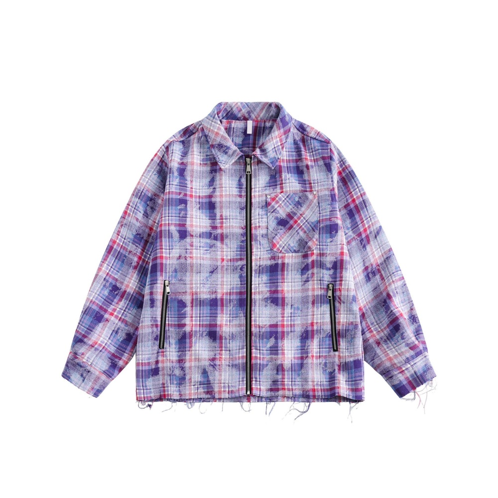 GrogeousBen  Unisex2024 spring new water-washed old multi-pocket contrast plaid jacket coat