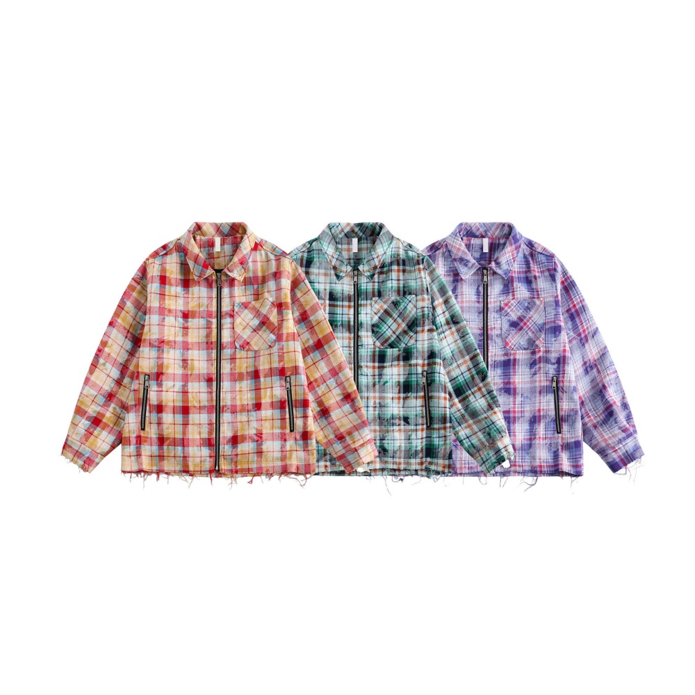 GrogeousBen  Unisex2024 spring new water-washed old multi-pocket contrast plaid jacket coat