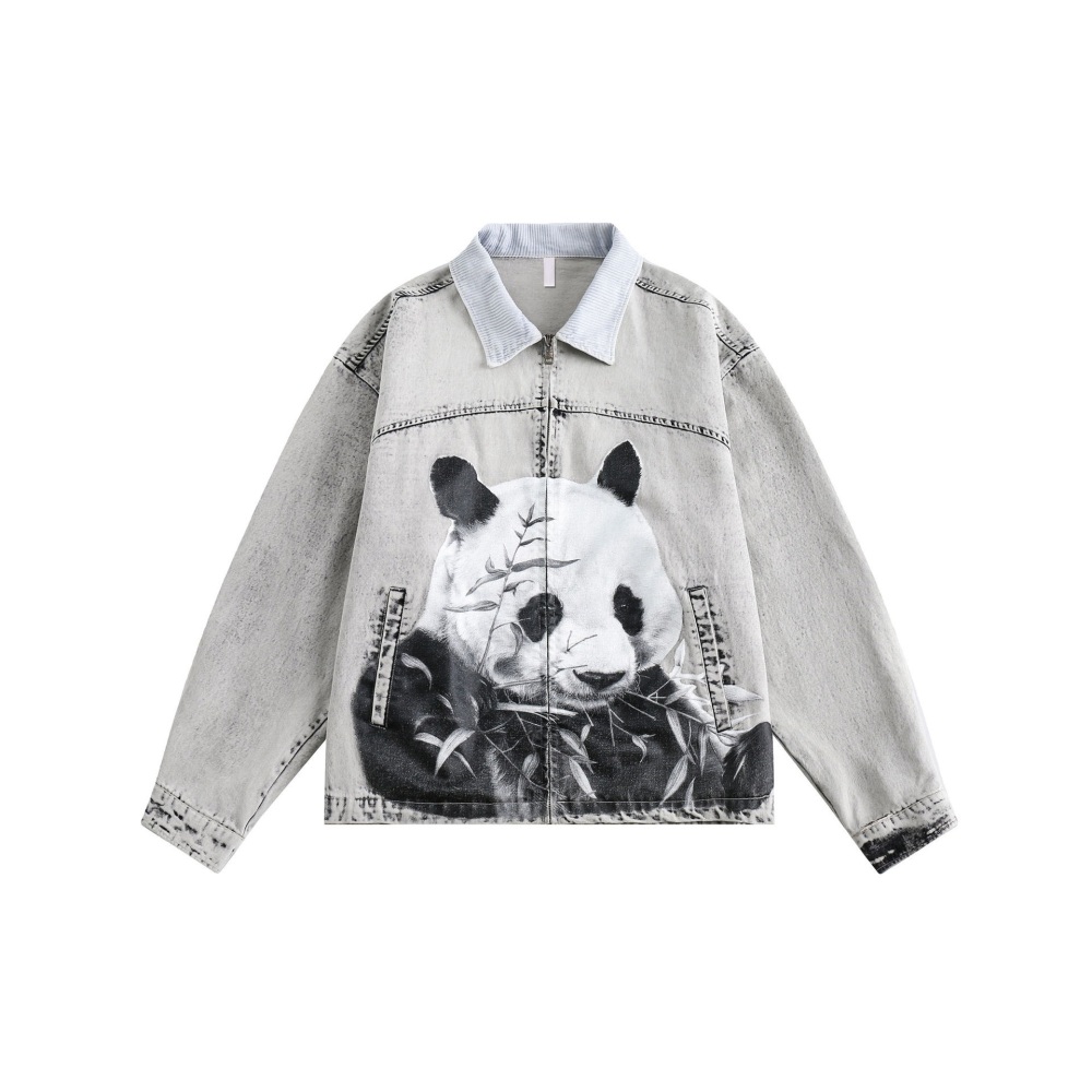 GrogeousBen  Unisex 2024 spring new panda print heterogeneous color block splicing jacket outerwear American loose fit couple's top