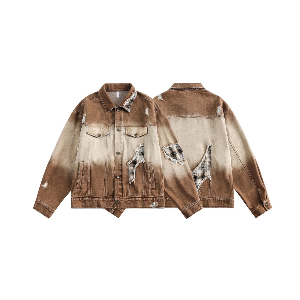 GrogeousBen  Unisex 2024 spring new ripped and worn-out white patchwork denim jacket for men, loose fit couple's patchwork top.