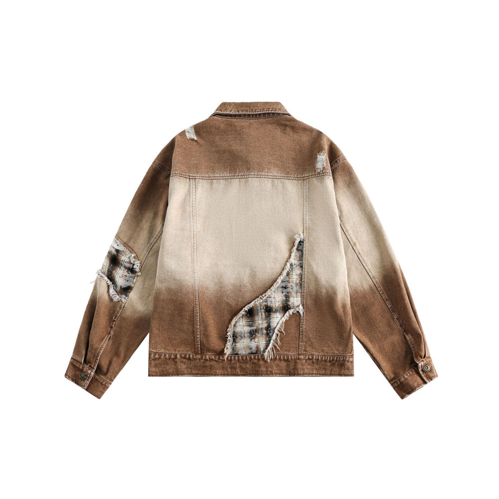 GrogeousBen  Unisex 2024 spring new ripped and worn-out white patchwork denim jacket for men, loose fit couple's patchwork top.