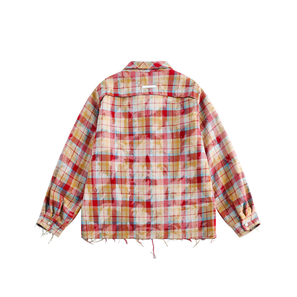GrogeousBen  Unisex2024 spring new water-washed old multi-pocket contrast plaid jacket coat