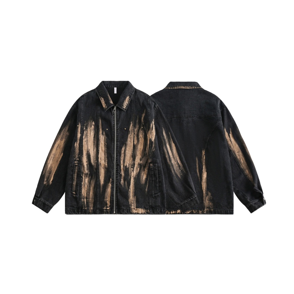 GrogeousBen  Unisex 2024 new American retro spray-painted washed denim jacket, unisex trendy high street rivet zipper workwear jacket.