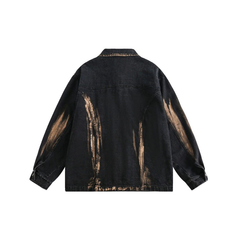 GrogeousBen  Unisex 2024 new American retro spray-painted washed denim jacket, unisex trendy high street rivet zipper workwear jacket.