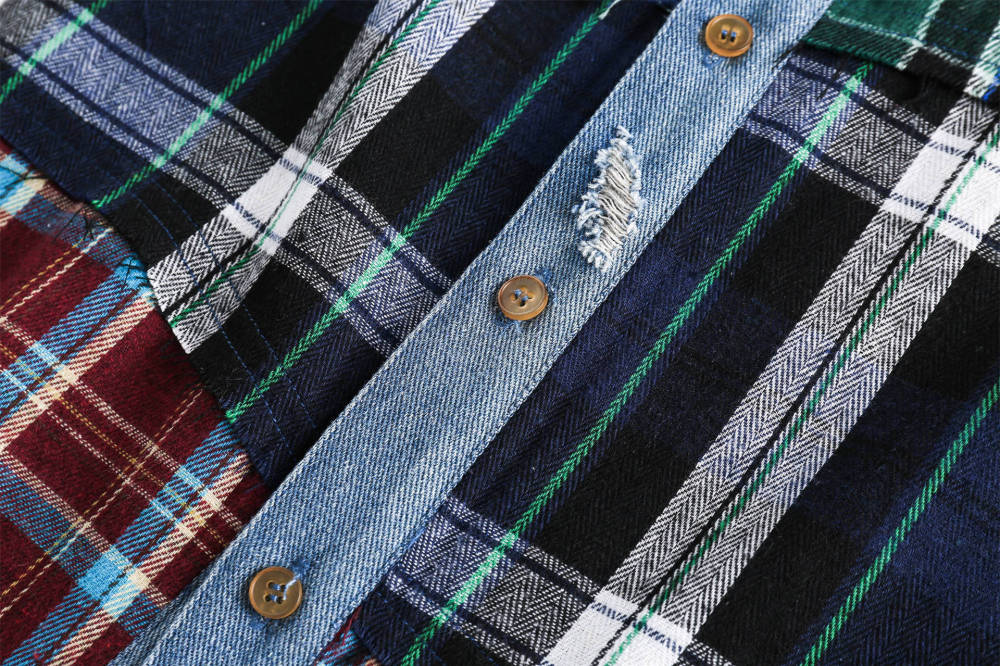 GrogeousBen  Unisex 2024 American retro plaid splicing design long-sleeved shirt men's spring loose trendy niche shirt