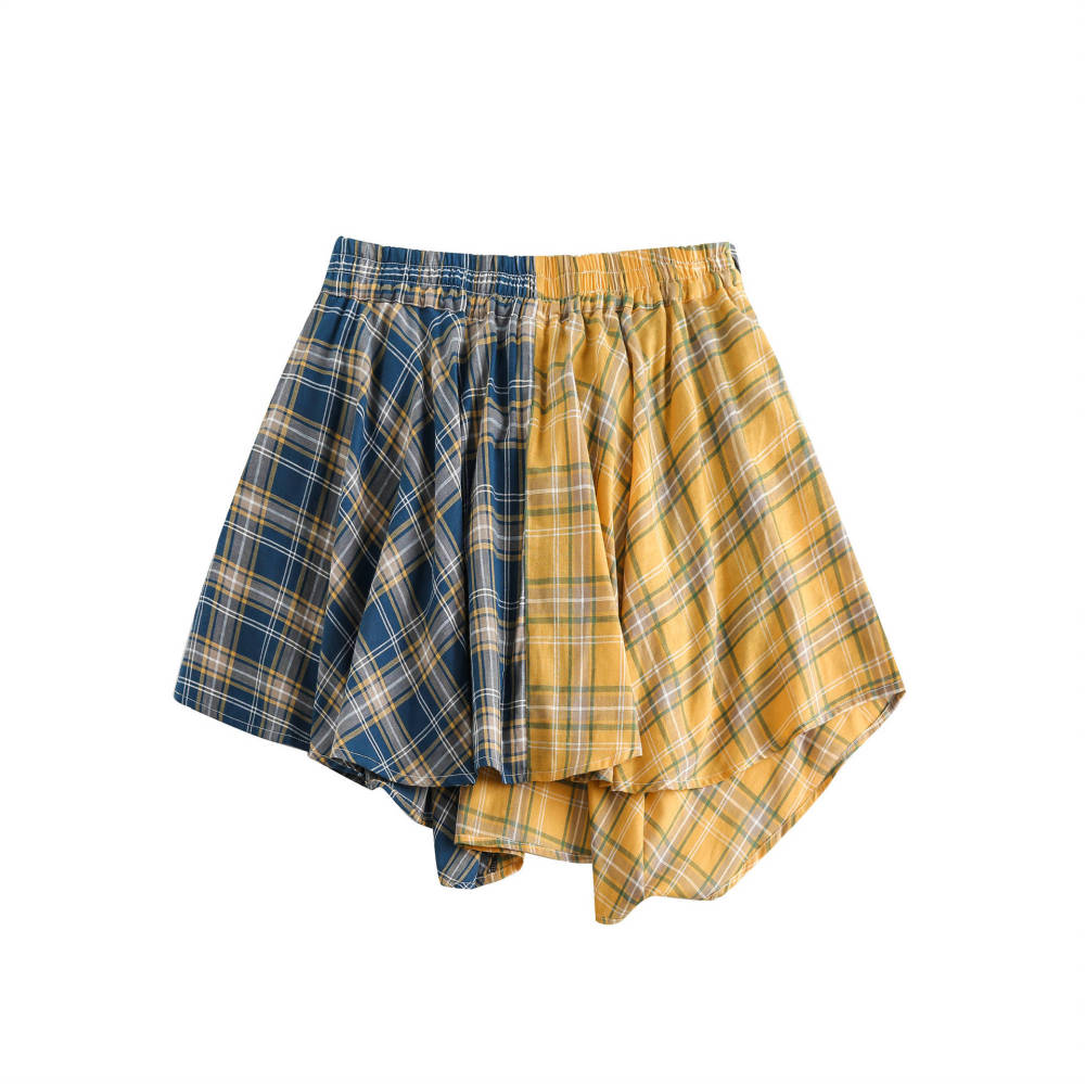 GrogeousBen  Women's American retro patchwork plaid A-line skirt for women, new style for spring 2024, sweet and cool with an irregular hem.