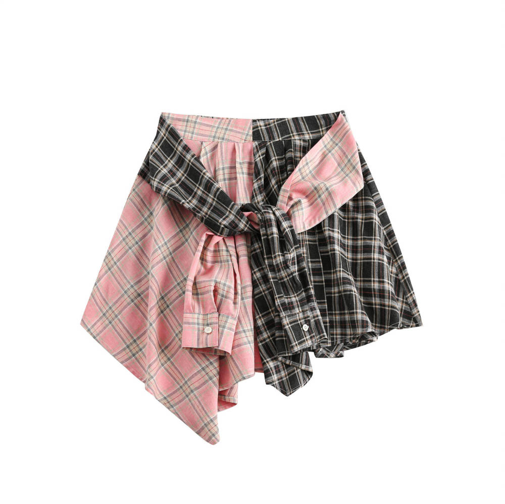 GrogeousBen  Women's American retro patchwork plaid A-line skirt for women, new style for spring 2024, sweet and cool with an irregular hem.