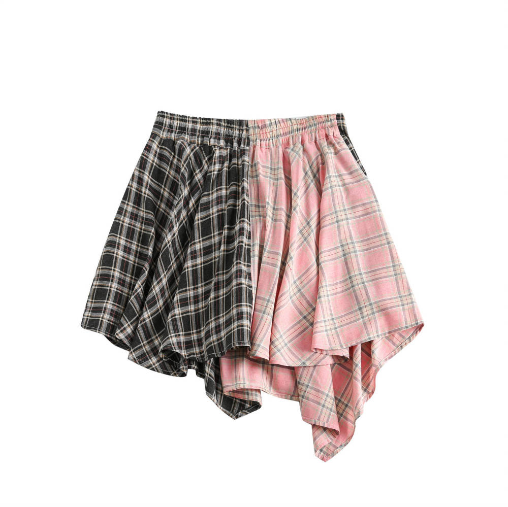 GrogeousBen  Women's American retro patchwork plaid A-line skirt for women, new style for spring 2024, sweet and cool with an irregular hem.