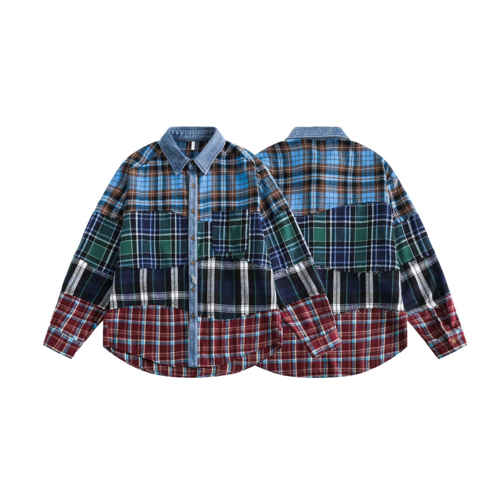 GrogeousBen  Unisex 2024 American retro plaid splicing design long-sleeved shirt men's spring loose trendy niche shirt