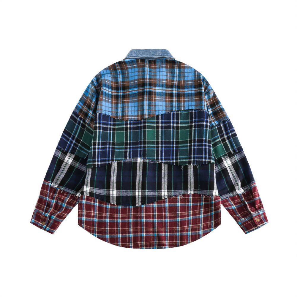 GrogeousBen  Unisex 2024 American retro plaid splicing design long-sleeved shirt men's spring loose trendy niche shirt