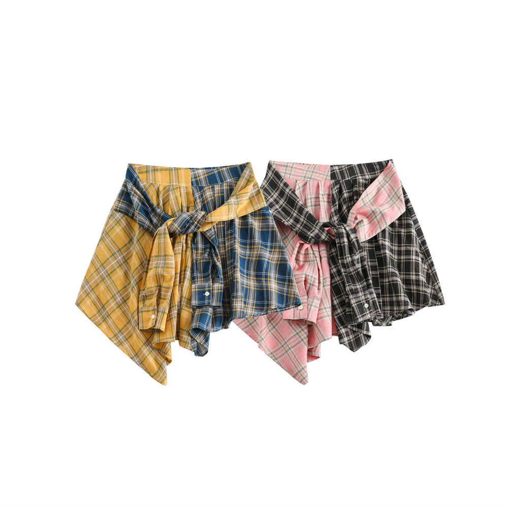GrogeousBen  Women's American retro patchwork plaid A-line skirt for women, new style for spring 2024, sweet and cool with an irregular hem.