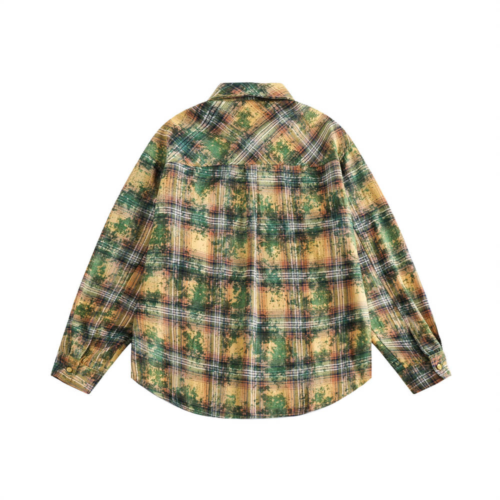 GrogeousBen  Unisex 2024 new trendy American camouflage plaid yellow shirt unisex loose long-sleeved versatile high street shirt for spring