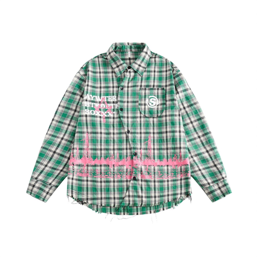 GrogeousBen  Unisex 2024 new spring irregular splicing plaid shirt men's American retro green plaid shirt jacket couple