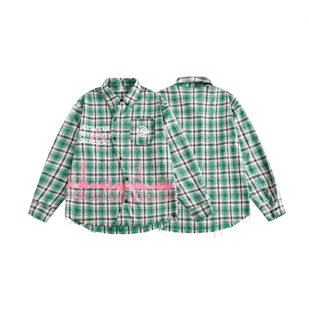 GrogeousBen  Unisex 2024 new spring irregular splicing plaid shirt men's American retro green plaid shirt jacket couple