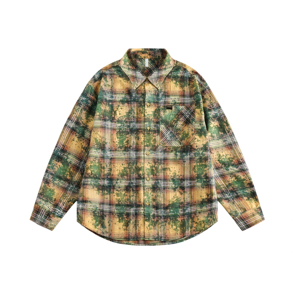 GrogeousBen  Unisex 2024 new trendy American camouflage plaid yellow shirt unisex loose long-sleeved versatile high street shirt for spring