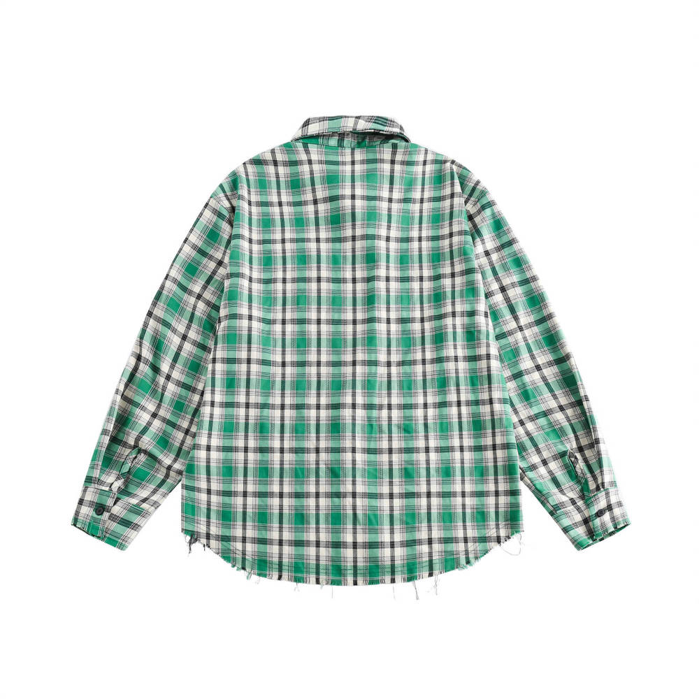 GrogeousBen  Unisex 2024 new spring irregular splicing plaid shirt men's American retro green plaid shirt jacket couple