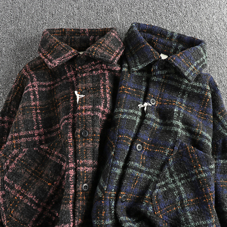 GrogeousBen  Men's Retro trend pink and black plaid workwear men's long-sleeve shirt with thick woolen fabric, American style casual shirt jacket.