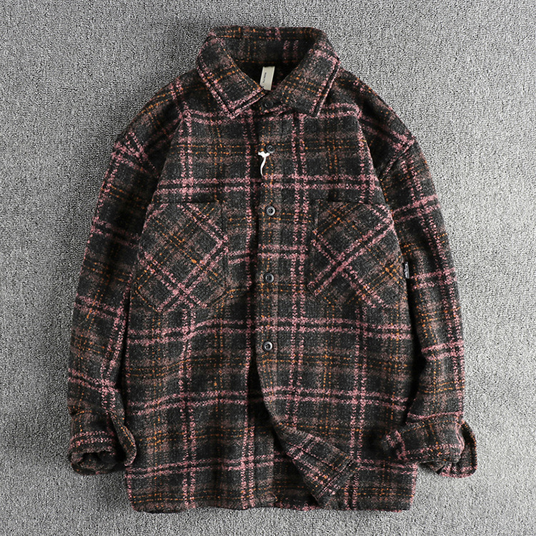 GrogeousBen  Men's Retro trend pink and black plaid workwear men's long-sleeve shirt with thick woolen fabric, American style casual shirt jacket.