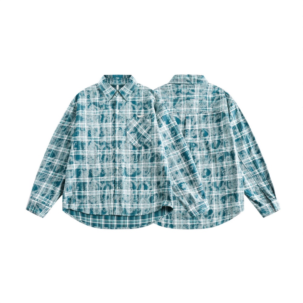 GrogeousBen  Unisex 2024 new vintage tie-dye green plaid long-sleeved shirt unisex spring casual versatile plaid shirt jacket
