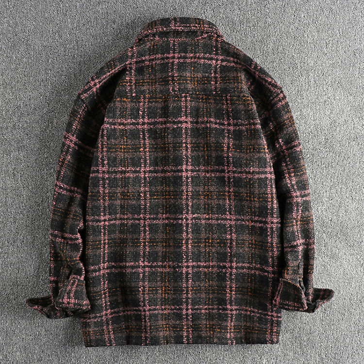 GrogeousBen  Men's Retro trend pink and black plaid workwear men's long-sleeve shirt with thick woolen fabric, American style casual shirt jacket.