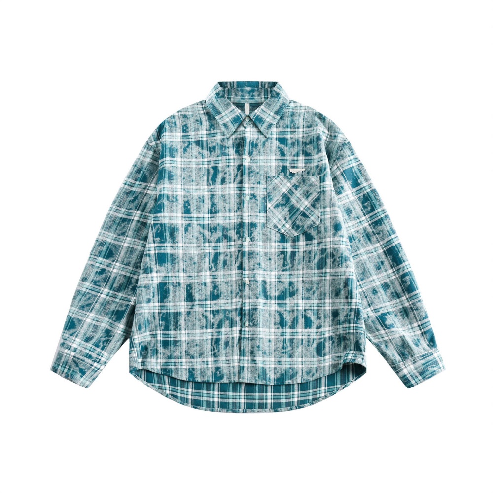 GrogeousBen  Unisex 2024 new vintage tie-dye green plaid long-sleeved shirt unisex spring casual versatile plaid shirt jacket