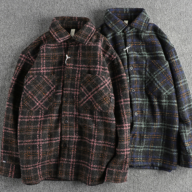 GrogeousBen  Men's Retro trend pink and black plaid workwear men's long-sleeve shirt with thick woolen fabric, American style casual shirt jacket.