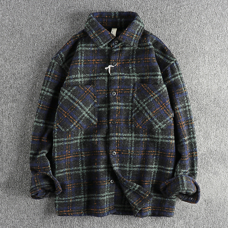 GrogeousBen  Men's Retro trend pink and black plaid workwear men's long-sleeve shirt with thick woolen fabric, American style casual shirt jacket.