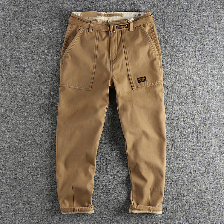 GrogeousBen  Men's Winter heavy-duty plus velvet thick casual pants for men, with retro trendy workwear style and tapered design with pockets.