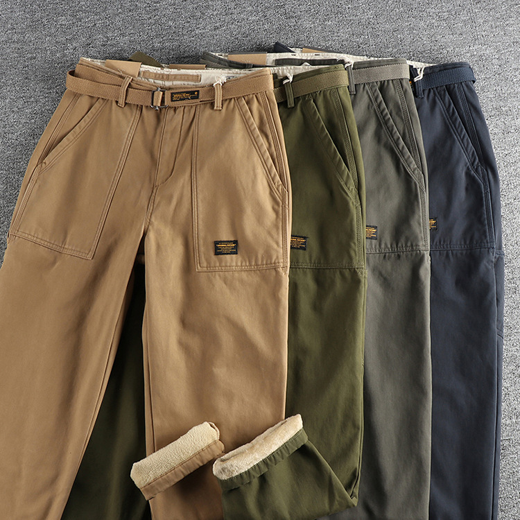 GrogeousBen  Men's Winter heavy-duty plus velvet thick casual pants for men, with retro trendy workwear style and tapered design with pockets.
