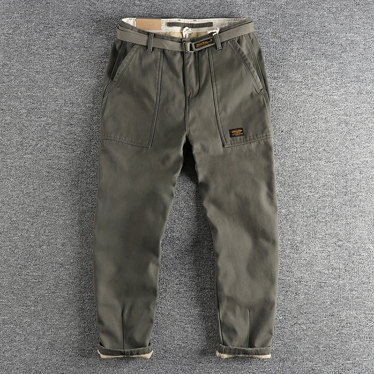GrogeousBen  Men's Winter heavy-duty plus velvet thick casual pants for men, with retro trendy workwear style and tapered design with pockets.