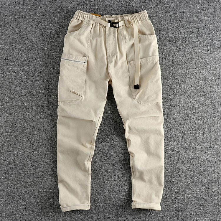 GrogeousBen  Men's  Workwear pocket retro  casual pants men's twill woven washed slim straight tube long pants