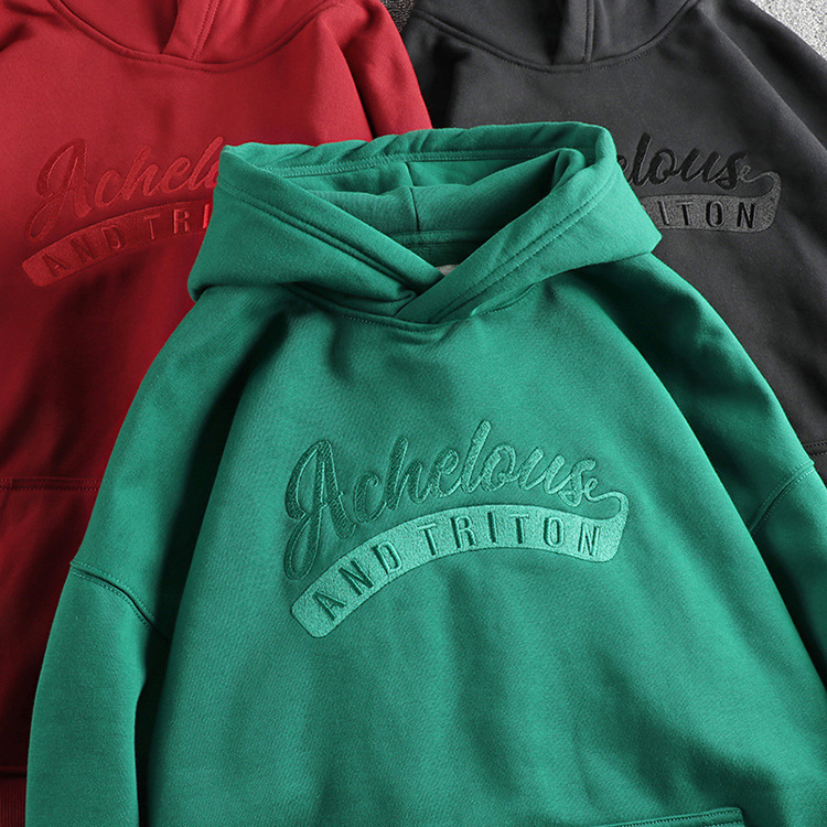 GrogeousBen  Men's Heavyweight same color embroidered letter winter plus velvet thickened hooded sweatshirt men's loose-fitting American-style pullover