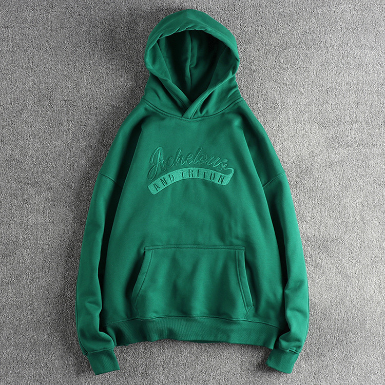 GrogeousBen  Men's Heavyweight same color embroidered letter winter plus velvet thickened hooded sweatshirt men's loose-fitting American-style pullover