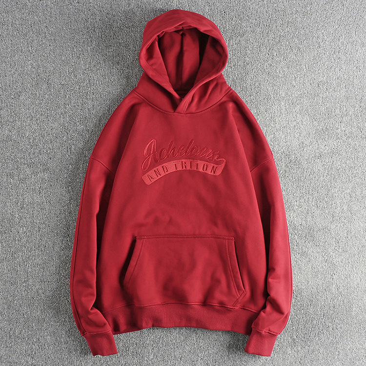 GrogeousBen  Men's Heavyweight same color embroidered letter winter plus velvet thickened hooded sweatshirt men's loose-fitting American-style pullover
