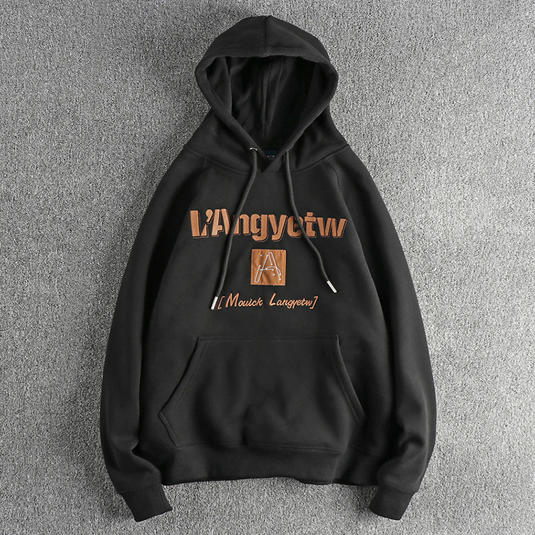 GrogeousBen  Men's Embroidered letter pattern American casual hooded sweatshirt for men, heavy-duty fleece-lined thick outerwear coat