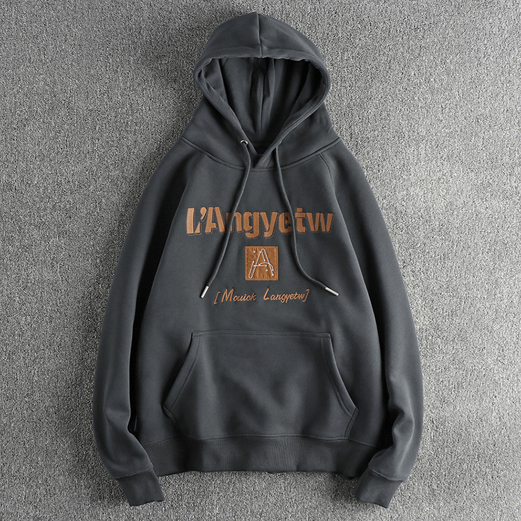 GrogeousBen  Men's Embroidered letter pattern American casual hooded sweatshirt for men, heavy-duty fleece-lined thick outerwear coat