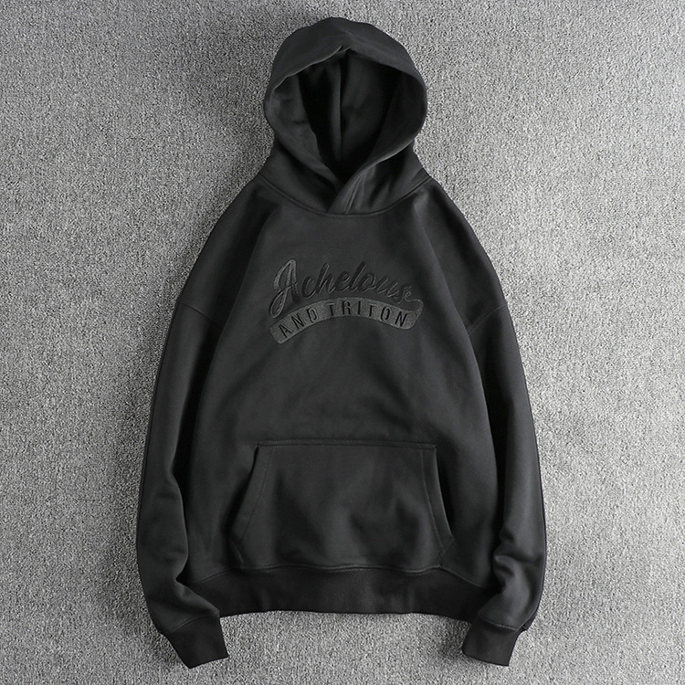 GrogeousBen  Men's Heavyweight same color embroidered letter winter plus velvet thickened hooded sweatshirt men's loose-fitting American-style pullover
