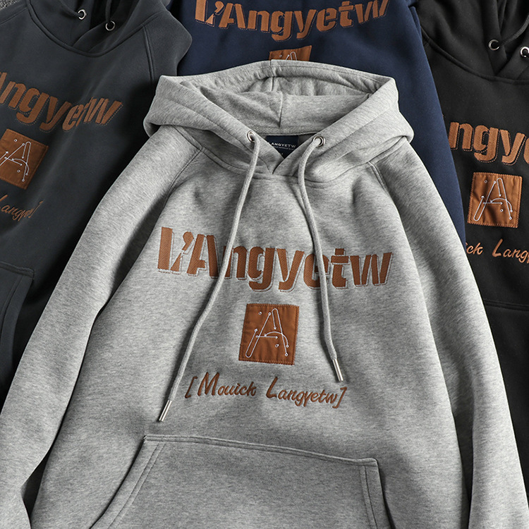GrogeousBen  Men's Embroidered letter pattern American casual hooded sweatshirt for men, heavy-duty fleece-lined thick outerwear coat