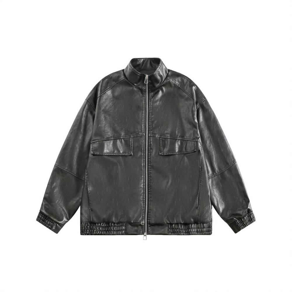 GrogeousBen   Unisex 2024 original American retro oversize black leather jacket spring short stand-up collar sweet and cool pu leather jacket trend