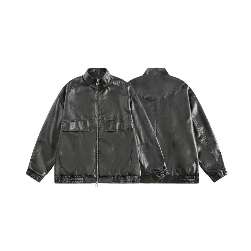 GrogeousBen   Unisex 2024 original American retro oversize black leather jacket spring short stand-up collar sweet and cool pu leather jacket trend