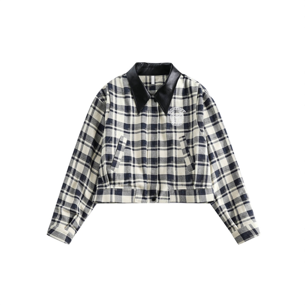 GrogeousBen   Women's 2024 retro college style embroidered plaid short jacket for women, loose-fitting solid color versatile casual jacket.